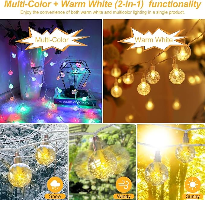 100ft Crystal Globe String Lights, Multicolor+Warm White (2-in-1) LED Fairy Lights for Indoor & Outdoor Ambiance, Plug-in Extendable Decorative Lights for Bedroom, Classroom, Dorm, Patio
