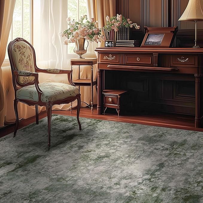jinchan Washable Area Rug 8x10 for Living Room - Soft Faux Wool Ultra-Thin Stain Resistant Non-Slip Distressed Vintage Floral Large Carpet for Bedroom,Dining Room,Home Office,Nursery(Green, 8'x10')