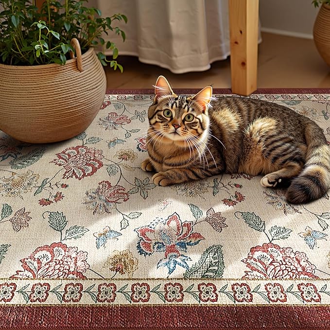 jinchan 2x3 Floral Rug for Entryway Washable Kitchen Rug Vintage Romance Design Small Mat Non Slip Indoor Doormat Lightweight Low-Profile Throw Carpet for Entrance Bathroom Laundry Room, Red/Beige