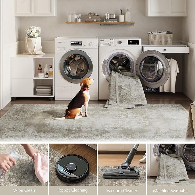 jinchan Washable Area Rug 8x10 for Living Room - Soft Faux Wool Ultra-Thin Stain Resistant Non-Slip Distressed Vintage Floral Large Carpet for Bedroom,Dining Room,Home Office,Nursery(Brown, 8'x10')