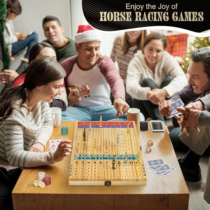 21 Inches Horse Racing Game, Horse Race Board Games with 11 Luxury Metal Horses,Thickened Wood Chessboard,Chips,Cards and Dice,Classic Wooden Table Top Board Games for Adults and Family