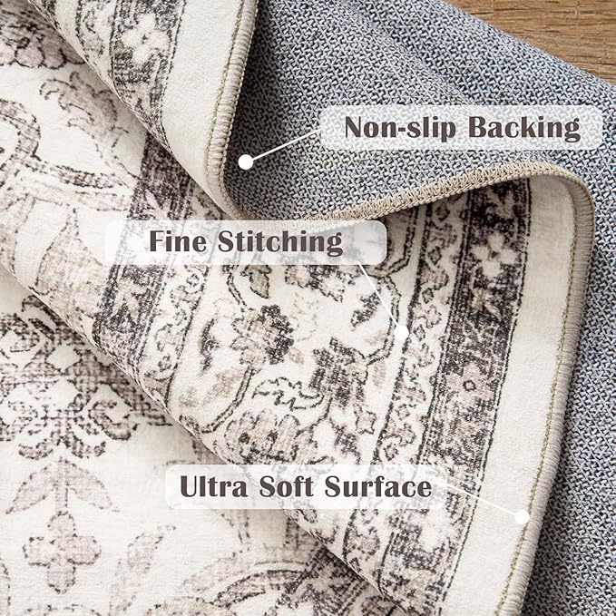 jinchan Round Rug 8ft Washable Circle Soft Rug - Low Pile Vintage 8'Round Indoor Beige Floral Print Stain Resistant Boho Carpet Ultra-Thin Non-Slip for Living Room Bedroom Dining Room Kitchen