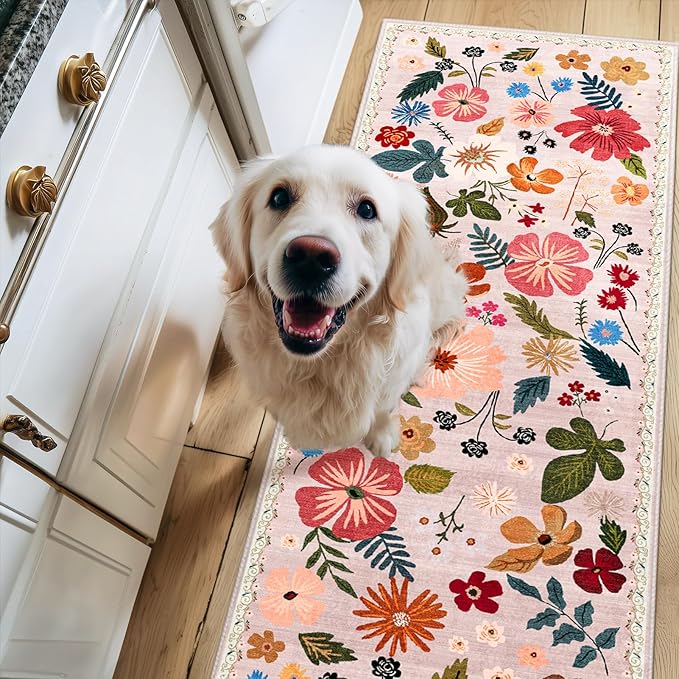 2x6 Runner Rugs for Hallways Non Slip with Rubber Backing Stain Resistant Area Rug Washable Beige Boho Floral Ultra-Thin Carpet Rugs Indoor for Entryway Kitchen Bedroom Laundry Bathroom Stairwell