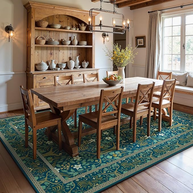 Joydeco Washable Large Area Rug 8x10, Boho Floral Rugs for Living Room Non Slip, Soft Low-Pile Botanical Forest Indoor Floor Throw Carpet for Dining Home Office Playroom, Dark Blue