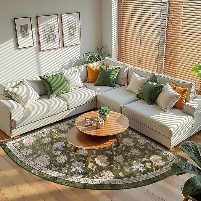 jinchan Floral Corner Rug for Living Room Washable Bedroom Rug Vintage Romance Design Non Slip Quarter Circle Lightweight Low-Pile Throw Carpet for Reading Nook Playroom,6ft Radius, Green