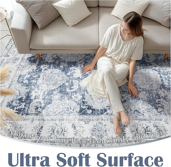 jinchan Hallway Runner Rug 3x8 Washable Runner - Vintage Floral Non Slip Low-Pile Soft Thin Faux Wool Kitchen Rug Distressed Carpet for Farmhouse Bedroom Laundry Room(3x8ft,Dark Blue)