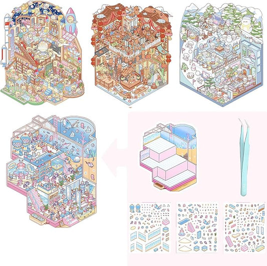 4 Sets Big 3D Sticker Scenes DIY Craft Kit – Build Your Own Miniature Rooms Stickers Book(Museum/Ski Resort/Amusement Park/Aquarium) for Kids & Adults, Creative Craft Kit for Gifts