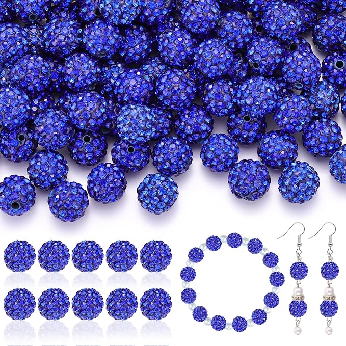 200pcs 10mm Rhinestone Beads for Jewelry Making, Dark Blue Shiny Round Disco Ball Beads Bulk, Sparkle Crystal Clay Christmas for Bracelet Baseball Necklace Earring Crafting and DIY