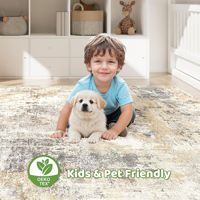 10x14 Area Rugs Living Room: Washable Large Abstract Modern Soft Rug Stain Resistant Indoor Floor Non Slip Accent Carpet for Bedroom Nursery Playroom Office Dining Room Dorm Home House- Gray Gold