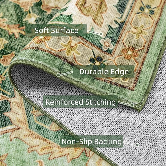 3x7 Runner Rugs for Hallway Non-Slip Hallway Runner Rug with Rubber Backing Washable Rug Runner for Kitchen Bedroom Vintage Distressed Carpet (Border Green)