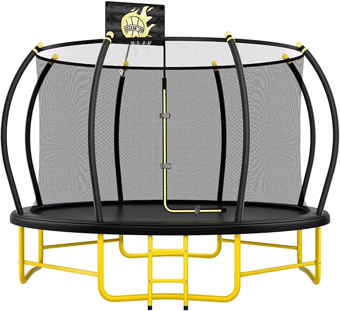 14FT Pumpkin Trampoline with Basketball Hoop, Balance Bar and Enclosure Net, Outdoor Trampoline for Kids and Adults, Capacity 880 lbs