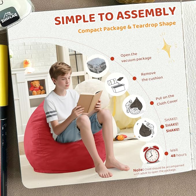 2FT Bean Bag Chair, Comfy Bean Bag Chairs with Memory Foam Filled, Fluffy Beanbag Sofa with Dutch Velvet Cover, Teardrop BeanBag Chairs for Living Room, Playroom - Red