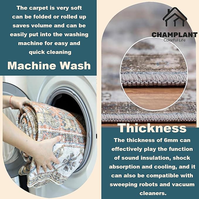 3'x5' Cyan Khaki Vintage Washable Thin Area Rug Traditional Floor Cover Foldable Indoor Distressed Non Slip Carpet Floral Print Mat Bedroom Living Room Bathroom