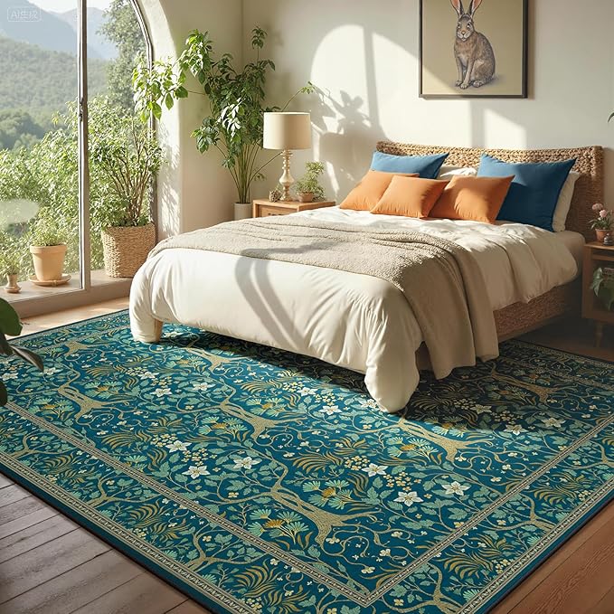 Joydeco Washable Large Area Rug 8x10, Boho Floral Rugs for Living Room Non Slip, Soft Low-Pile Botanical Forest Indoor Floor Throw Carpet for Dining Home Office Playroom, Dark Blue