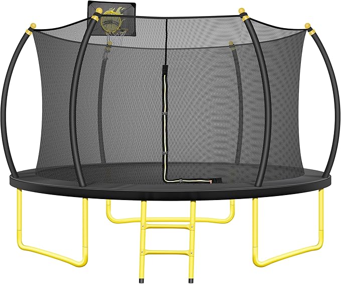 10FT 12FT 14FT 16FT Pumpkin Trampoline for Kids Adults, ASTM Approved Outdoor Recreational Trampoline with Basketball Hoop, Enclosure Net, Yellow