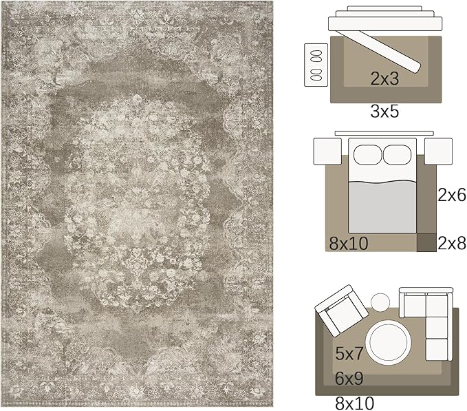 jinchan Vintage Floral 4x6 Area Rugs - Machine Washable Distressed Design Soft Ultra-Thin Low-Pile Non-Slip Carpet for Entryway Kitchen Bedroom Nursery Living Room Dining Room (4x6ft,Brown)