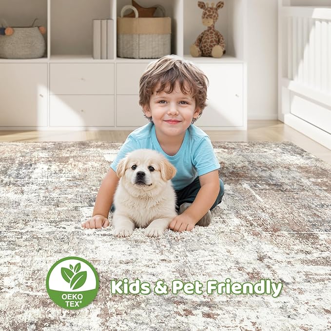 10x14 Area Rugs Living Room: Washable Large Abstract Modern Soft Rug Stain Resistant Indoor Floor Non Slip Accent Carpet for Bedroom Nursery Playroom Office Dining Room Dorm Home House- Brown