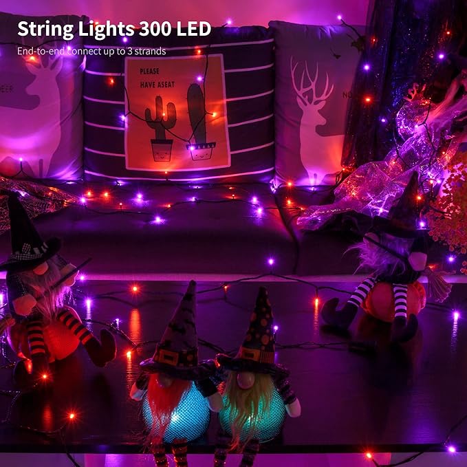300 LED Halloween String Lights, 98.5FT with 8 Modes, Waterproof, Plug in for Indoor/Outdoor Party Decorations (Purple & Orange)