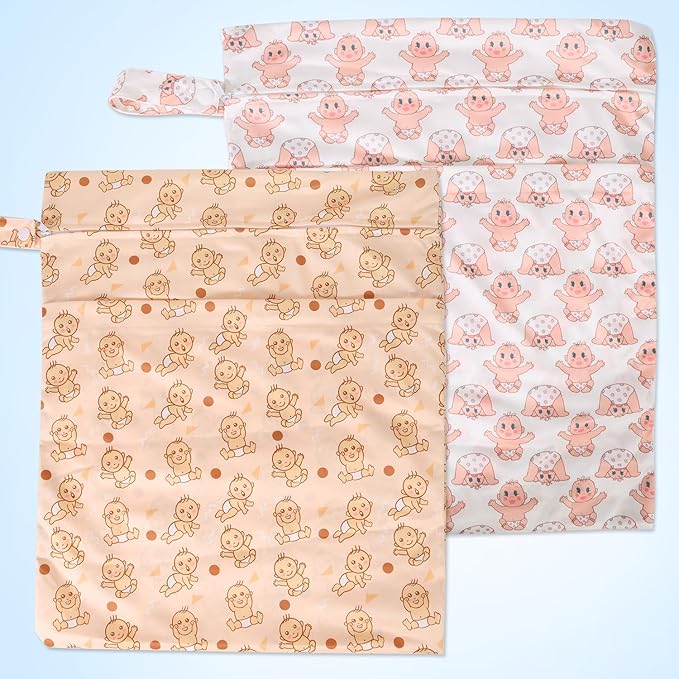 2pcs Travel Waterproof Laundry Bag, Cloth Diaper Wet Dry Bags with Handle & 2 Zipper Pockets, Reusable Washable Dirty Clothes Bag for Baby Adult Travelling Hanging, Bathing Beach Pool Daycare