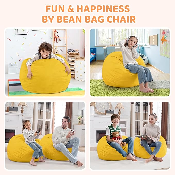 2FT Bean Bag Chair, Comfy Bean Bag Chairs with Memory Foam Filled, Fluffy Beanbag Sofa with Dutch Velvet Cover, Teardrop BeanBag Chairs for Living Room, Playroom - Lemon