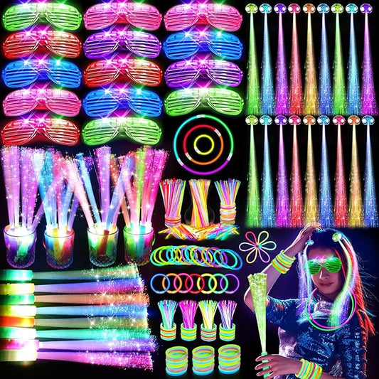 148 PCS Glow in the Dark Party Supplies, 16 Fiber Optic Wands, 14 LED Glasses, 100 Glow Sticks and 18 LED Hair Clips Fiber Optic for Neon Party, Wedding, Birthday, Concert, New Year