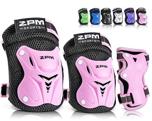 2PM SPORTS Knee Pads for Kids, Wrist Guards Knee and Elbow Pads Set with Drawstring Bag, Protective Gear Set for Girls Boys Roller Skating Cycling Skateboard - Pink Small