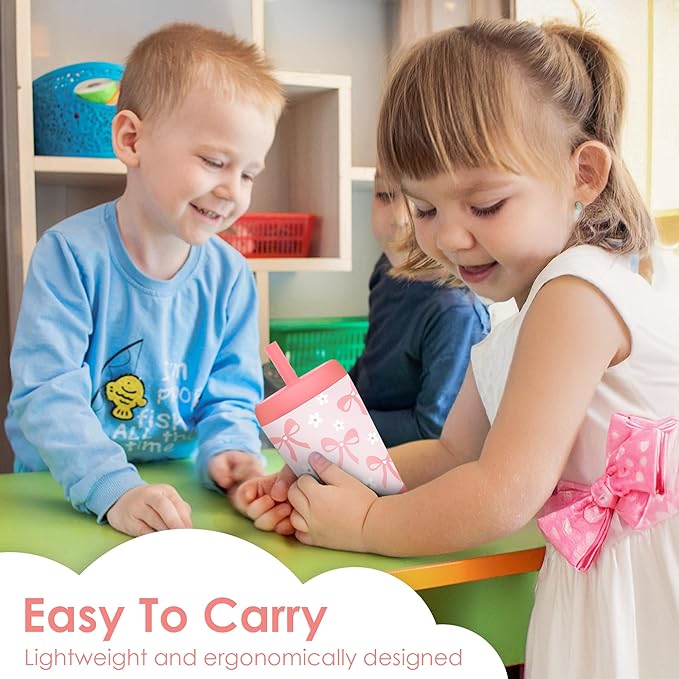 Kid Insulated Stainless Steel Tumbler with Silicone Straw, 12oz Sippy Cup for Kids (Pink Bows)