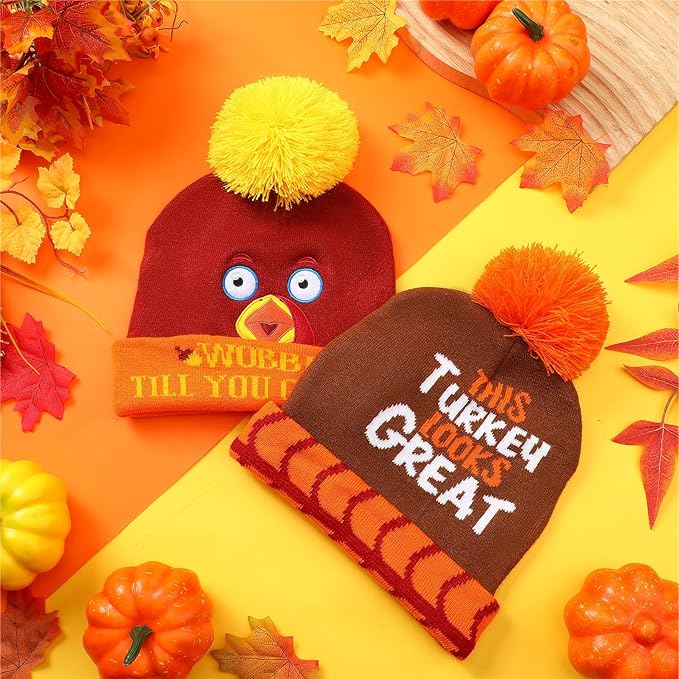 4 Pcs Turkey Pom Pom Beanie Hat Thanksgiving Funny Beanie Turkey Hat Turkey Knitted Cap for Kids Baby Adults Men Women Dress up Costume Running Winter Cosplay