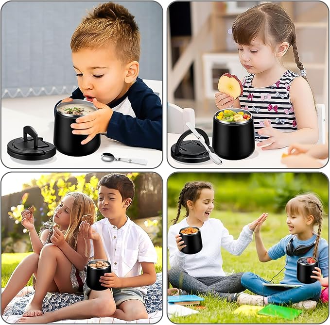 20oz Insulated Vacuum Food Jar with Buckle Lid,Soup Thermo for Hot Food Kids,Wide Mouth Leakproof Stainless Steel Lunch Container with Spoon-Black