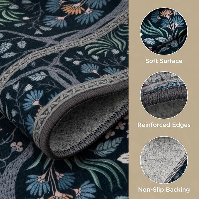 Joydeco Floral Living Room Rugs, Washable Large Bedroom Rug 8x10 Under Bed Non Slip, Soft Forest Botanical Low-Pile Floor Indoor Throw Carpet for Dining Table Home Office, Blue-Black
