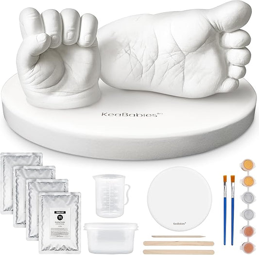 KeaBabies Baby Casting Kit Hands and Feet Mold - 3D Newborn Hand Casting Kit & Stylish Wood Base,Easy DIY Infant Foot Molds 0-9 Months,BPA-Free Baby Keepsake,Shower Gifts for Moms (Round,Alpine White)