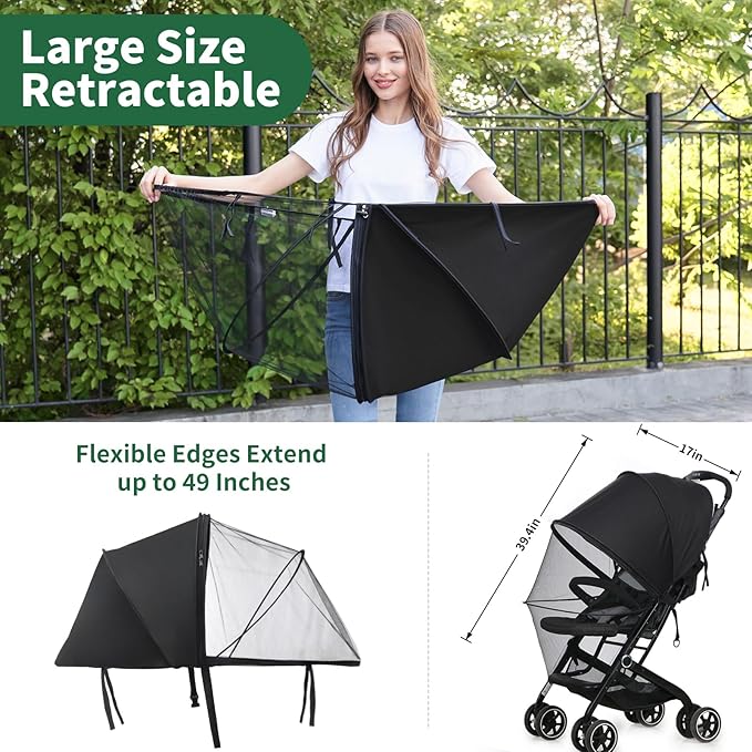 2-in-1 Stroller Sun Shade and Mosquito Net Cover - Universal Breathable Baby Cover With Two-Way Zipper for Extender