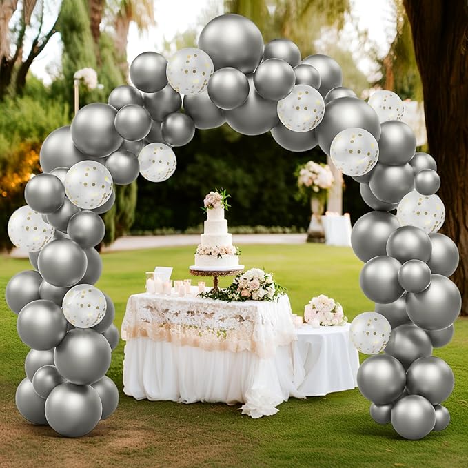 JOYIN 150 Pcs Metallic Silver Balloons, Different Sizes 18 12 10 5 Inch Silver Latex Balloon Arch Kit with Instruction for Birthday Party Graduation Wedding Holiday Decoration