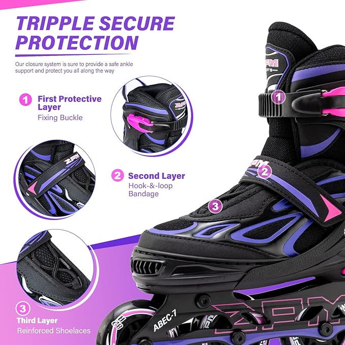 2PM SPORTS Vinal Girls Adjustable Flashing Inline Skates, All Wheels Light Up, Fun Illuminating Skates for Kids Men Adult Women and Boys