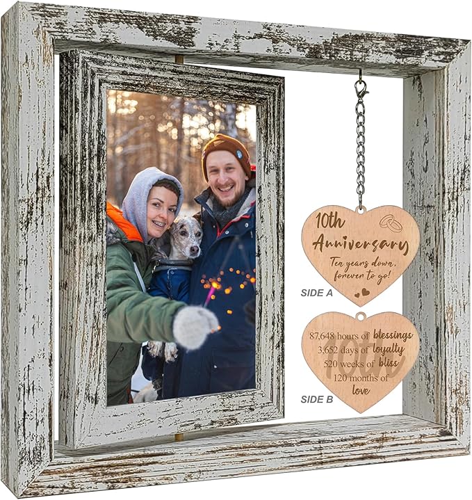 10 Year Anniversary Rotating Picture Frame for Wife, 10th Wedding Anniversary Photo Frame Gifts for Her Him Couples with 2 4x6 Display