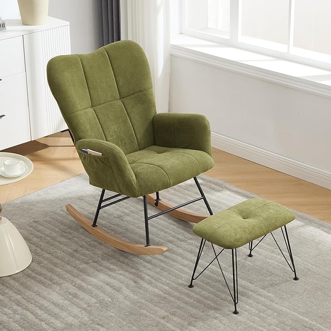 KEEZY Nursery Rocking Chair with Stool Upholstered Glider Rocker Rocking Accent Chair Padded Seat with High Backrest Armchair Comfy Side Chair for Living Room Bedroom Offices (Green)