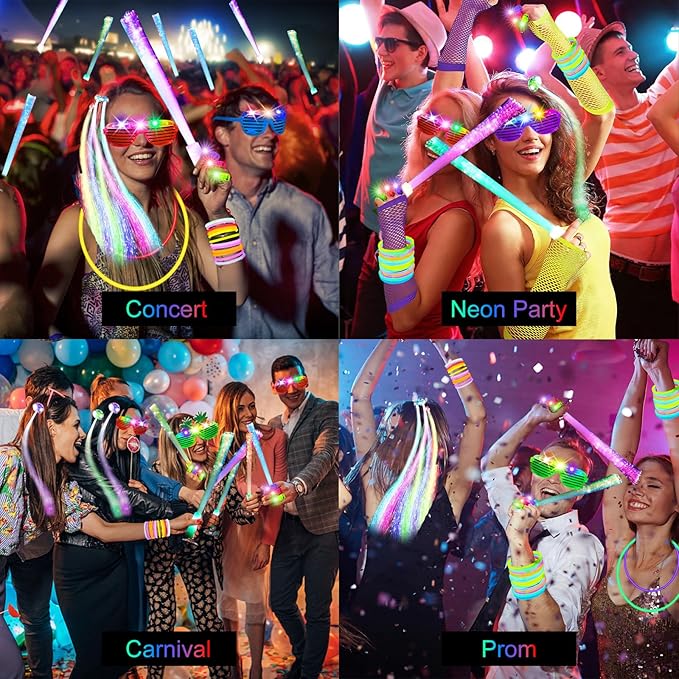 290 PCS Glow in the Dark Party Supplies, 200 Glow Sticks, 24 Fiber Optic Wands, 15 LED Glasses, 33 Finger Lights and 18 LED Hair Clips for Wedding, Birthday, Concert, Raves, New Year