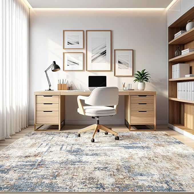 10x12 Area Rug Living Room: Washable Large Abstract Modern Soft Rugs Stain Resistant Indoor Floor Non Slip Accent Carpet for Bedroom Nursery Playroom Office Dining Room Dorm Home House- Tan Blue