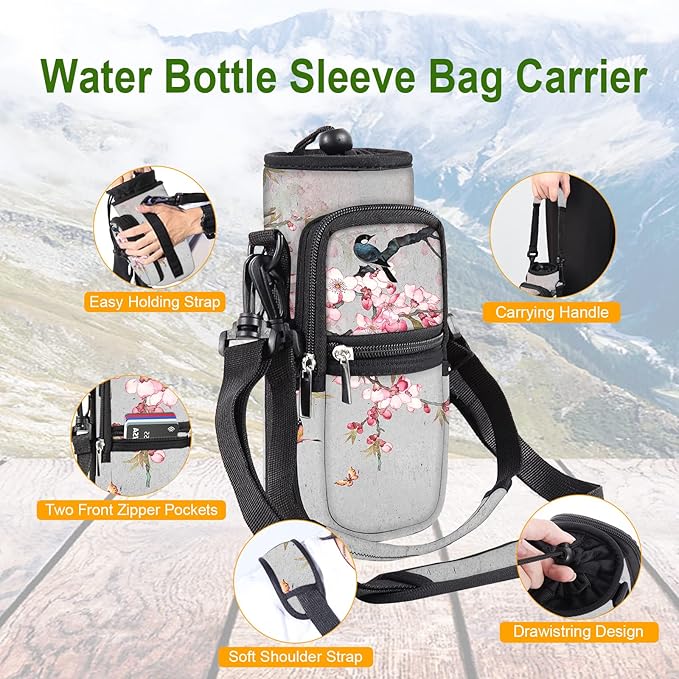 25/32/40/64oz Water Bottle Bag Holder Carrier-Insulated Crossbody Sling Case Sleeve with Strap & Pockets for Men Women Gym Cycling Travel Walking Hiking Camping