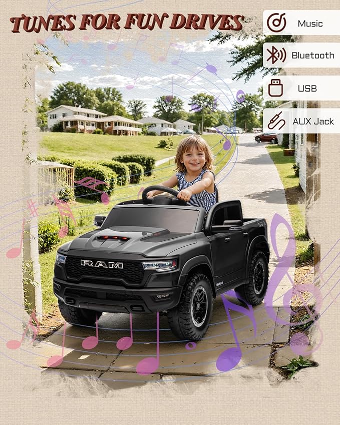 12V Licensed Ram 1500 Ride on Toy for Kids, Toddler Ride on Pickup Truck with Parent Remote Control, Electric Car for Kids with Truck Bed Storage, 3 Point Safety Belt (Black)