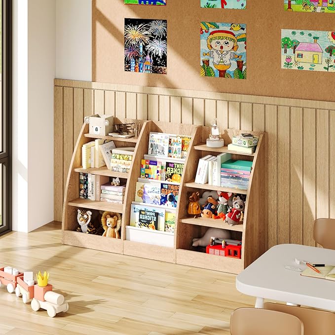 4 Tier Kids Bookshelf, 4 Layer Sling Kids Book Shelf for Kids Rooms, XXL Wood Children Bookcase,Baby Storage Book Rack,Toddler Bookshelf, Book and Toy Organizer,Book Display Shelf Burlywood