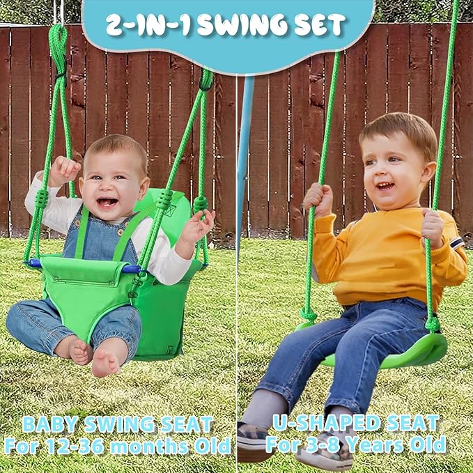 2-in-1 Toddler Swing Set with Metal Stand, Safety Belt & 4 Anchors - A-Frame Swing for Kids 6 Months+ (Blue, Indoor/Outdoor Backyard Playground)