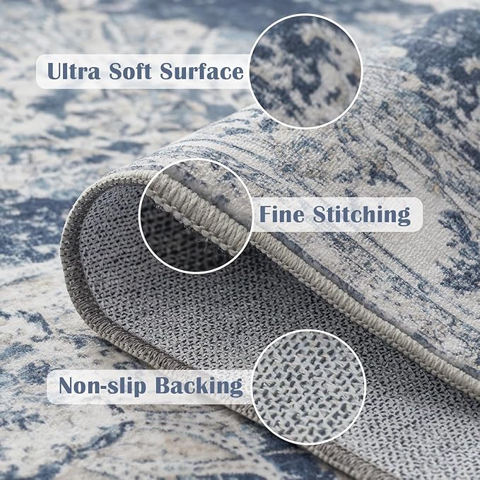 jinchan Washable Area Rug 8x10 for Living Room Soft Faux Wool Ultra-Thin Stain Resistant Non-Slip Distressed Vintage Floral Large Carpet for Bedroom,Dining Room,Home Office,Nursery(Dark Blue, 8'x10')