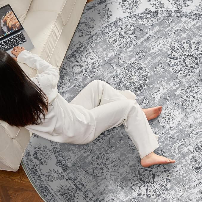 jinchan Round Rug 5ft Area Rug - Indoor Vintage Hallway Circle 5' Washable - Ultra-Thin Low Pile Soft Small Non Slip Distressed Floral Print for Living Room Dining Room Bedroom Entryway Grey