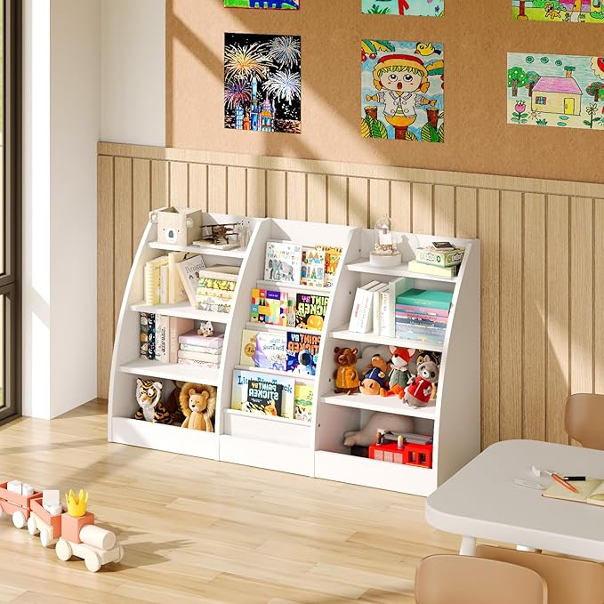 4 Tier Kids Bookshelf, 4 Layer Sling Kids Book Shelf for Kids Rooms, XXL Wood Children Bookcase,Baby Storage Book Rack,Toddler Bookshelf, Book and Toy Organizer,Book Display Shelf for Bedroom, Nursery