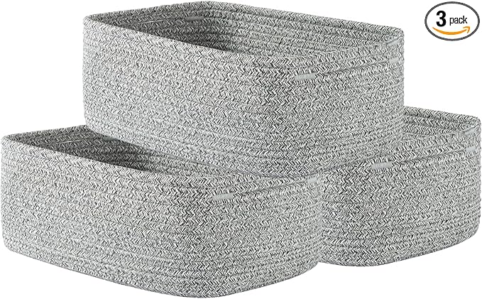 KALLAX Small Woven Basket, 12 x 8 x 4.5 Inches, Storage Basket for Organizing, Cute Small Rope Shelf Closet Cube Storage Bins Baskets for Shelves, Dog Toy Gift Baskets Empty, 3 Packs, Mixed Grey