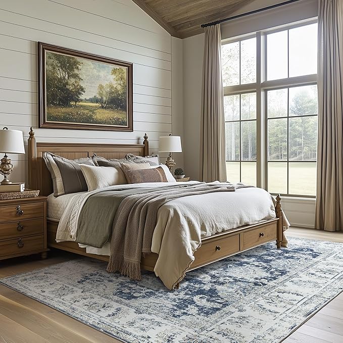 jinchan 10x12 Area Rugs for Living Room - Machine Washable Vintage Floral Distressed Design Stain Resistant Carpet Low Pile Non-Slip Large Rug for Bedroom Dining Room Home Office (10‘x12',Dark Blue)