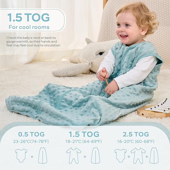 JELLYMONI Fleece Baby Sleep Sack 12-24 Months, 1.5 Tog Warm Winter Baby Wearable Blanket with Plush Dots and 2-Way Zipper, Cotton Toddler Sleep Sack
