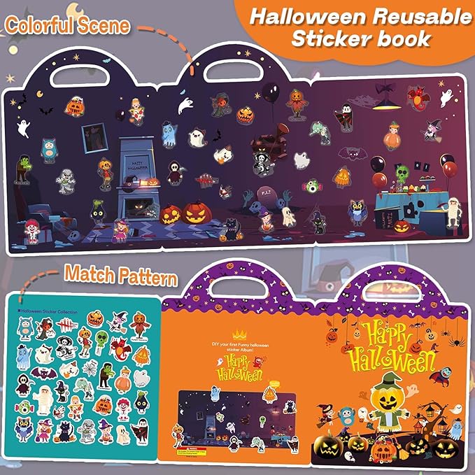2 Set Halloween Reusable Sticker Books for Toddlers 3+, Halloween Stickers for Kids, Sticker Book for Toddlers 3+ Years, Halloweens Gifts for Kids Girls Boys