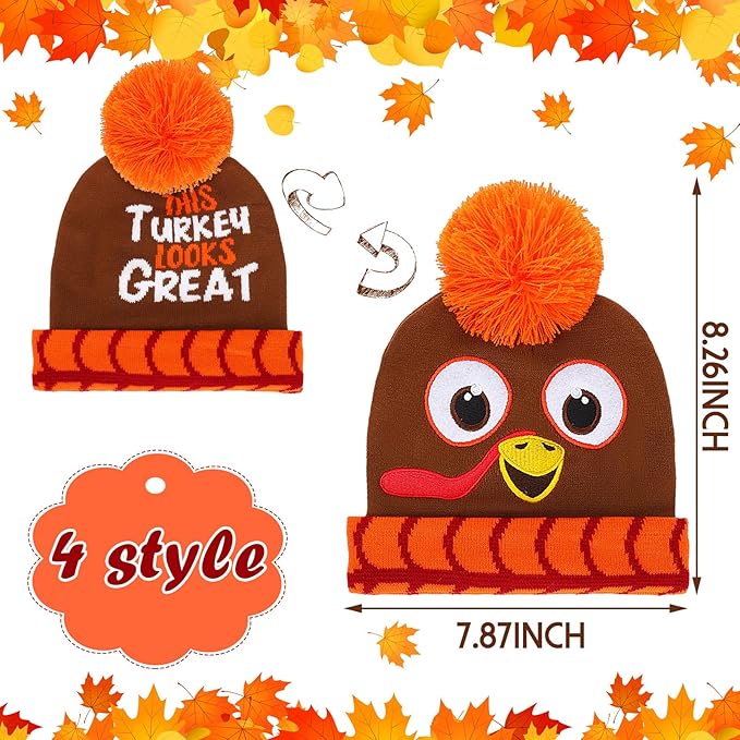 4 Pcs Turkey Pom Pom Beanie Hat Thanksgiving Funny Beanie Turkey Hat Turkey Knitted Cap for Kids Baby Adults Men Women Dress up Costume Running Winter Cosplay